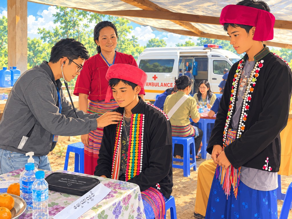 A clinician checking a young man in traditional dress at a community health day, with an ambulance behind them