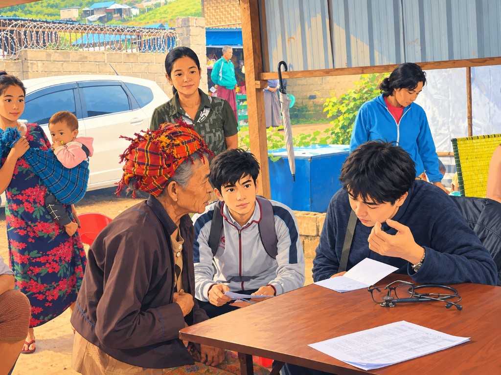 Neighbours and volunteers reviewing papers together at a table in a village courtyard